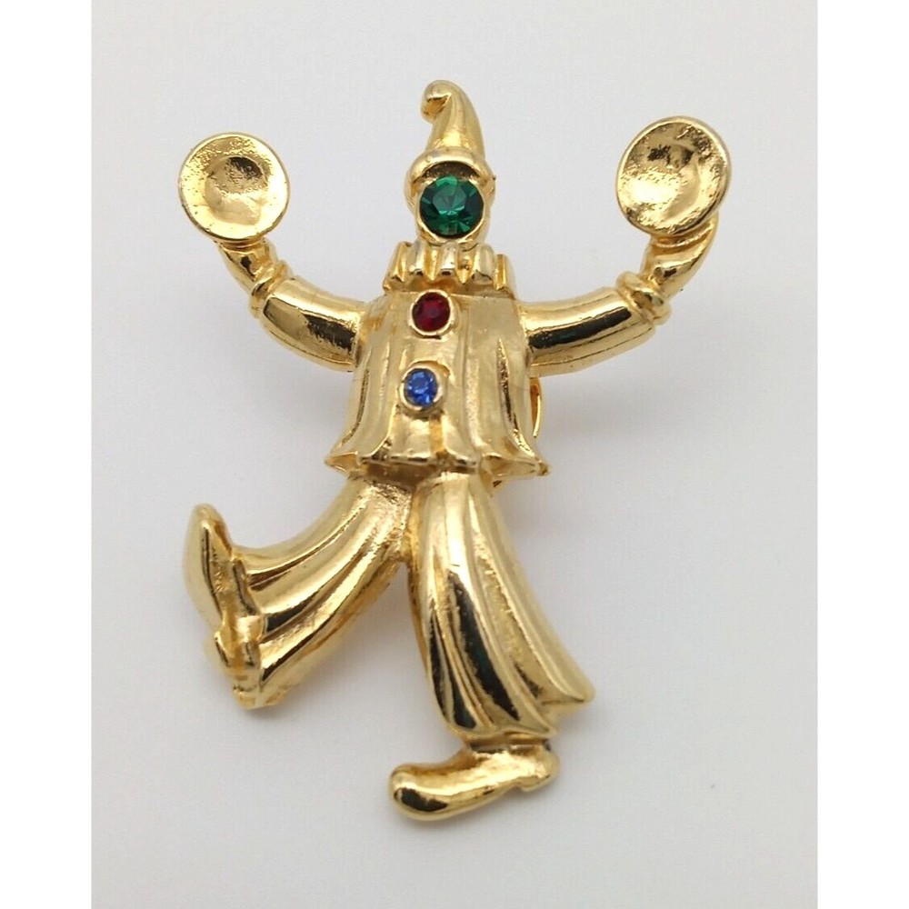 Clown Jester Brooch Lapel Pin Cymbals Rhinestones JJ Jonette Gold Tone Shiny!